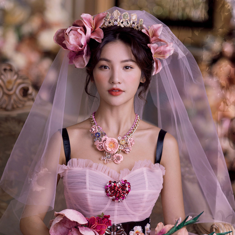 粉色头纱化妆师造型新娘影楼写真拍照道具简约超仙头饰单层素纱