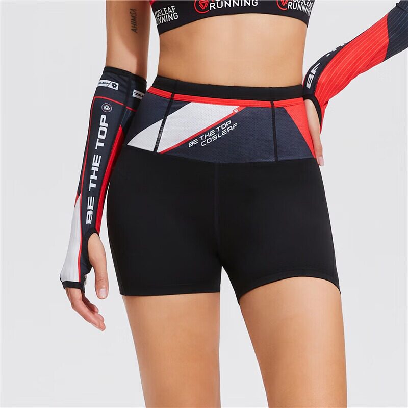 紧身短裤女跑步速干弹力马拉松运动裤健身拼色裤骑行田径四分裤