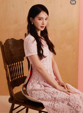 2025夏新款粉红色钻饰珍珠圆领短袖轻奢千金感蕾丝连衣裙子2005