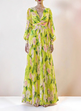 法式度假黄色碎花连衣裙女长款裙子修身长袖花色百褶长裙春夏