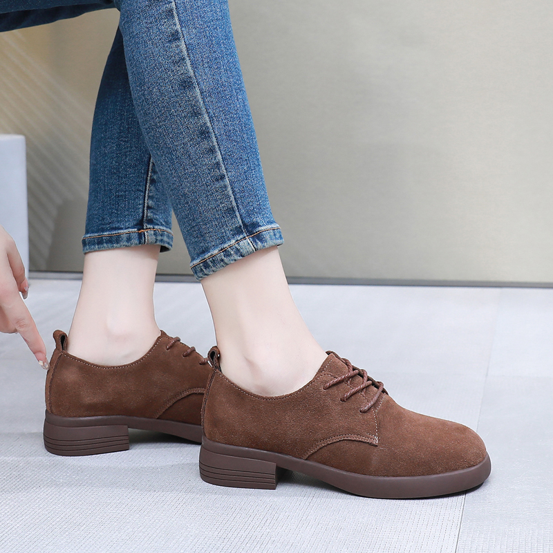 磨砂真皮软底单鞋舒适低跟女鞋41秋季英伦风小皮鞋深口系带休闲鞋
