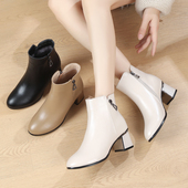 女靴舒适大码 中粗跟百搭时装 防滑春秋单靴4142 秋冬妈妈鞋 真皮韩版