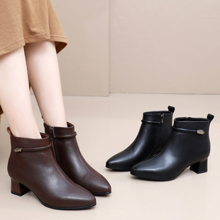 羊皮短靴女真皮粗跟尖头时装女靴舒适粗跟不累脚法式小皮靴通勤鞋