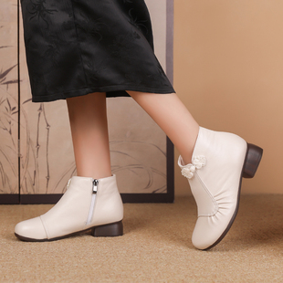 粗跟短靴复古低跟妈妈鞋2025秋冬加绒真皮时装女靴防滑软底舞蹈鞋