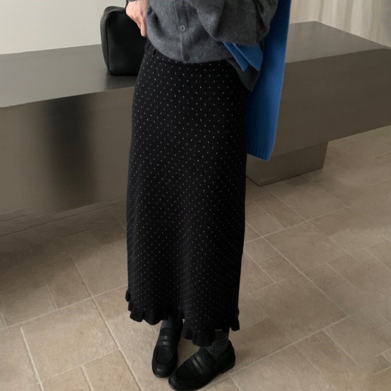 法式木耳边黑色波点针织半身裙女高腰直筒长裙设计感包臀裙一步裙
