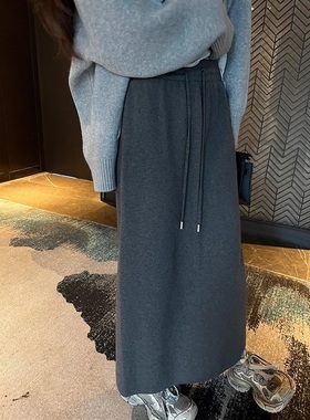 深灰色针织裙女中长款2025春季新款百搭显瘦开叉A字半身裙抽绳