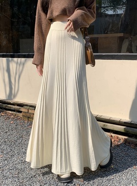 秋冬新款配毛衣半身长裙到脚踝高腰显瘦a字伞裙仙女裙针织百褶裙