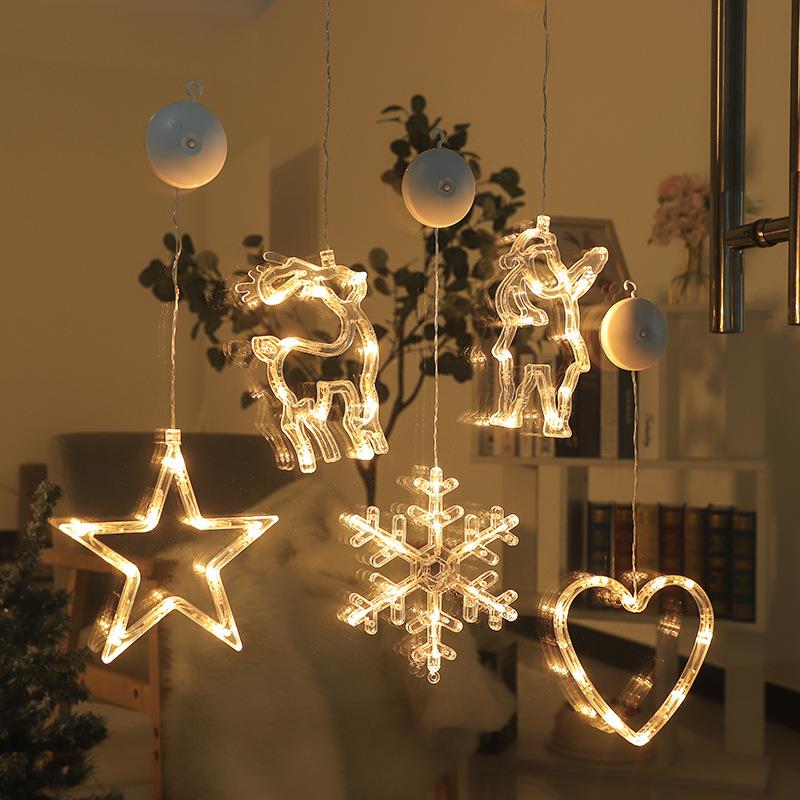 Light string, reindeer bell, room curtains, Christmas lights
