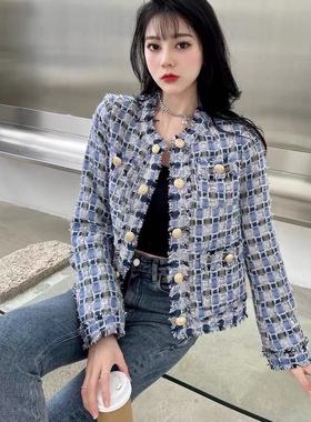mi2 法式名媛款圆领短款小个子小香风减龄流苏包边洋气女士外套