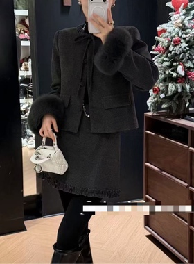【现货】欧货25冬季狐狸毛袖口系绳套装灰色羽绒服半裙两件套