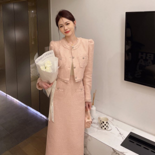 【现货】欧货26秋季法式名媛气质小香风粉色套装外套长裙两件套