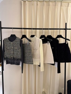 【现货】欧货25冬法式名媛套装羊毛呢鸵鸟毛马夹打底半裙三件套