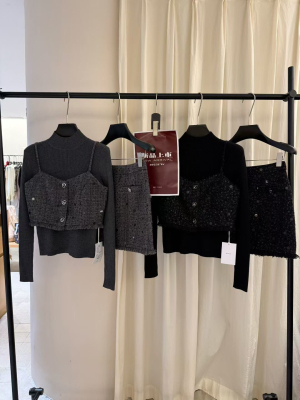 【现货】Mi2秋冬法式针织衫亮片吊带高腰半裙小香风三件套装