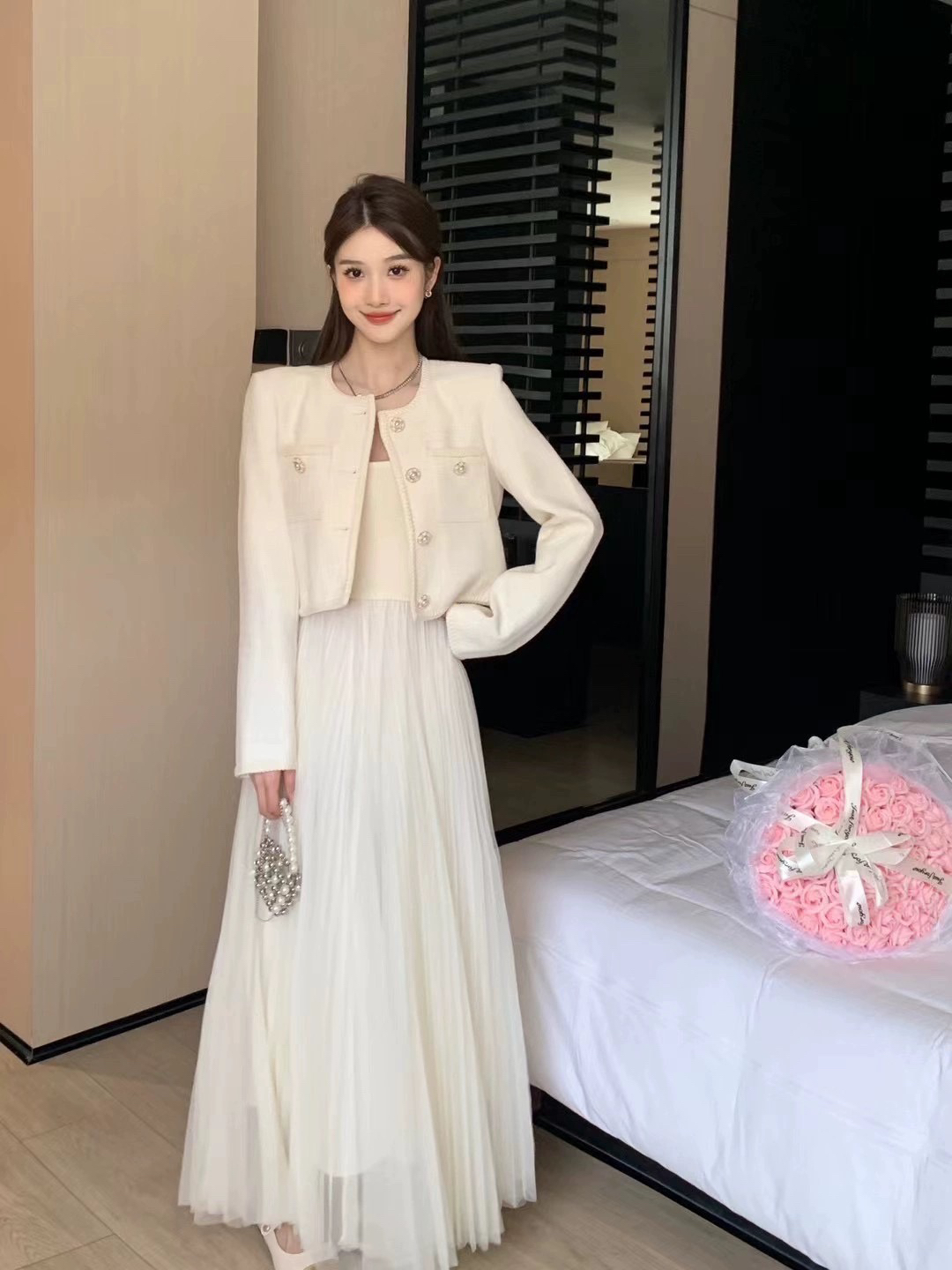 【现货】mi2naa小香风套装女25春季女装短外套吊带网纱裙两件套