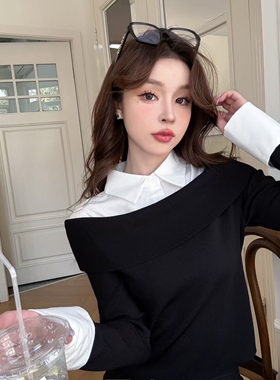 【现货】欧货25秋新款衬衫法式假两件拼接设计感减龄针织衫女3050