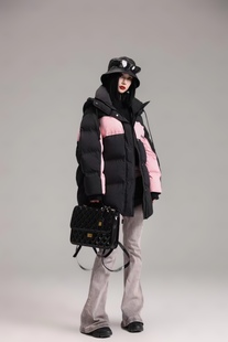 【现货】芭芘518撞色中长款加厚羽绒服女冬季宽松白鸭绒外套