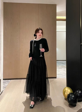 【现货】naa25秋冬小香风套装圆领钉珠针织上衣配长纱裙两件套装