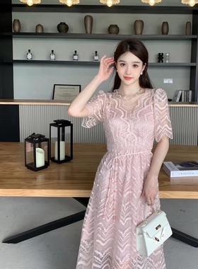 【现货】mi2naa25夏新款法式V领粉红色气质印花蕾丝长款连衣裙