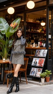 【现货】欧货25冬法式名媛套装羊毛呢鸵鸟毛马夹打底半裙三件套