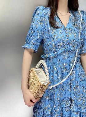 【现货】26夏V领荷叶边短袖收腰大裙摆复古花色时尚气质女连衣裙