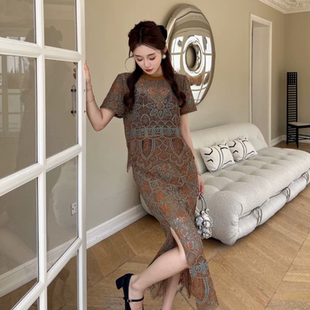 复古气质上衣长半裙两件套 欧货2577夏新水溶蕾丝套装 现货