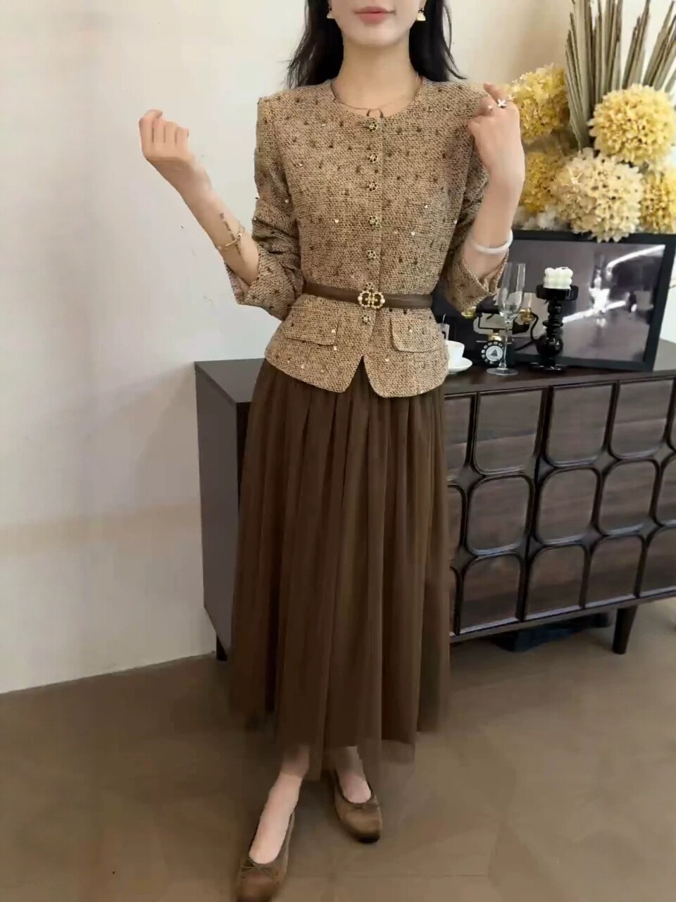 柏多伊俪小香亮片外套纱裙两件套