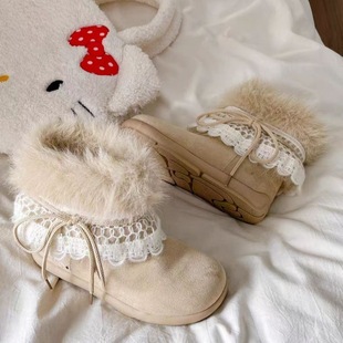 韩版毛毛米色短靴女2025冬季新款保暖百搭绒面短筒蕾丝花边时装靴
