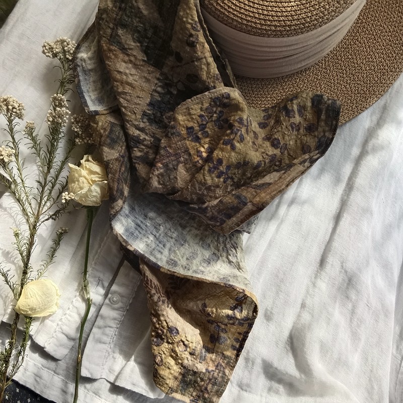 纯棉皱感卡其拼花方巾发带