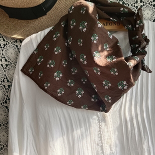 细软纯棉布方巾领巾发带包头巾深巧克力咖小团花清新亲肤秋新品