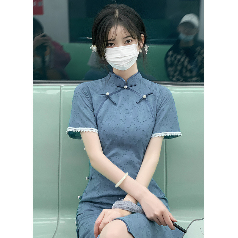 禾几子夏季新式蓝色改良旗袍长款蚀骨改良少女年轻款高端气质日常