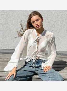 women clothes白色雪纺小立领设计感抽绳女式衬衫欧美秋冬时尚新