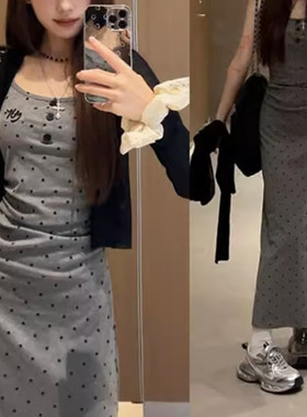 women clothes灰色波点吊带连衣裙女装夏季新款茶歇法式设计感修
