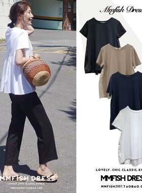 women clothesins超火的t恤女短袖韩版夏装宽松白色休闲百搭蓬蓬