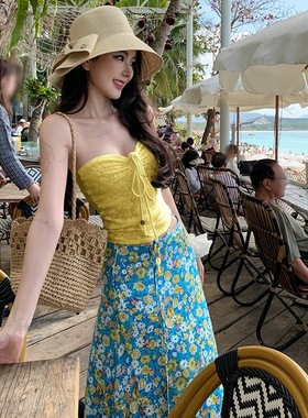 women clothes多巴胺纯欲辣妹黄色抹胸绑带上衣女夏季海边度假风