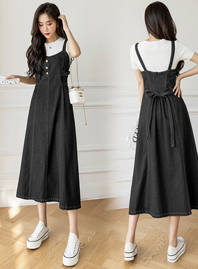 women clothes实拍休闲百搭牛仔背带裙中长款显瘦连衣裙女深蓝色