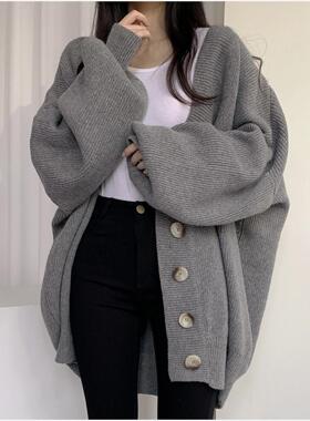 women clothes韩国chic秋冬休闲慵懒风V领单排扣宽松灯笼袖针织开