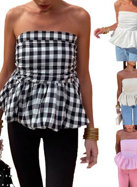 women clothesins女装抹胸花苞上衣新品性感辣妹纯色格子抹胸蓬蓬