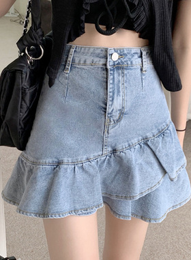 women clothes蓝色牛仔半身裙女夏季新款荷叶边鱼尾裙高腰显瘦辣
