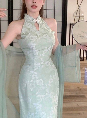 women clothes新中式国风清冷感绿色改良旗袍性感夏季新款女装挂