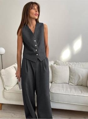 women clothes夏季新款中性极简风灰色无袖马甲背心套装时尚百搭