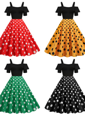 women clothesL外贸女装50s 60s赫本复古吊带荷叶边短袖黑拼波点