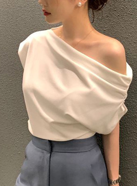 women clothes韩国chic上衣夏季新款小众不规则斜肩设计感宽松纯