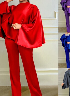 women clothesL0402    欧美时尚冬天弹力色丁长袖斗篷 两件套套