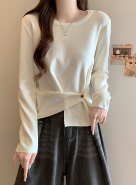 春秋不规则长袖针织打底衫t恤女2026大码胖mm感正肩收腰上1230n