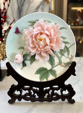 手绘陶瓷牡丹花挂盘玄关摆件家用办公室电视柜装饰工艺装饰品送礼