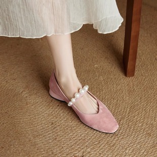 磨砂牛皮粉红色玛丽珍鞋女低跟平底鞋软底浅口单鞋方头配裙子珍珠