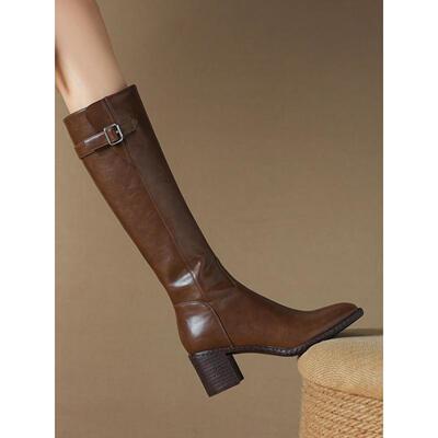 2025新款不过膝真皮全拉链骑士靴高跟皮带扣秋冬女靴子长筒靴粗跟
