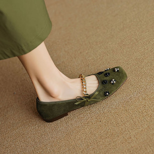 手工真皮~法式珍珠方头浅口单鞋女2025年秋季蝴蝶结平底玛丽珍鞋