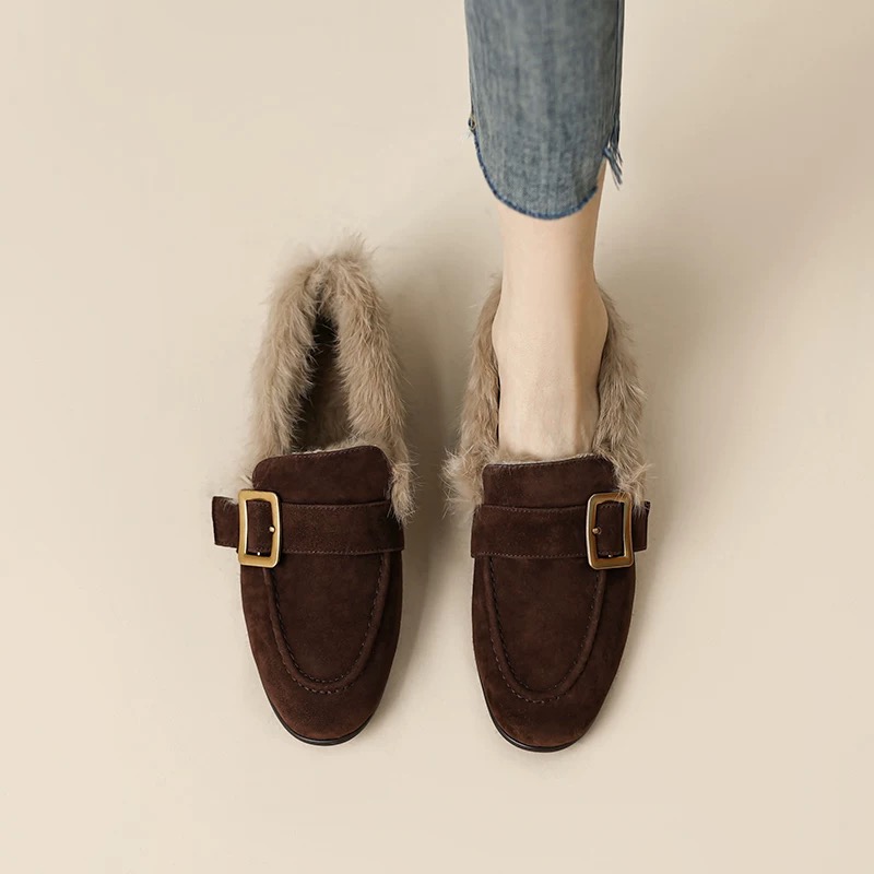 拒绝臃肿~ 皮带扣加绒乐福鞋软皮毛毛鞋女冬外穿平底兔毛豆豆单鞋