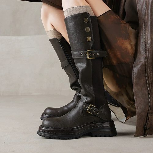 2025新款皮带扣厚底高筒骑士靴